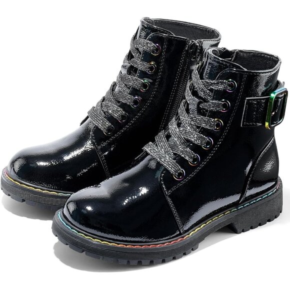 Girls Ankle Boots Patent-Black Glitter Combat Zipper Lace Up Winter Dress Boots - Picture 5 of 6